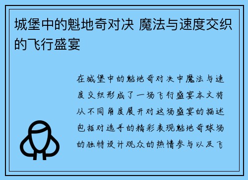 城堡中的魁地奇对决 魔法与速度交织的飞行盛宴